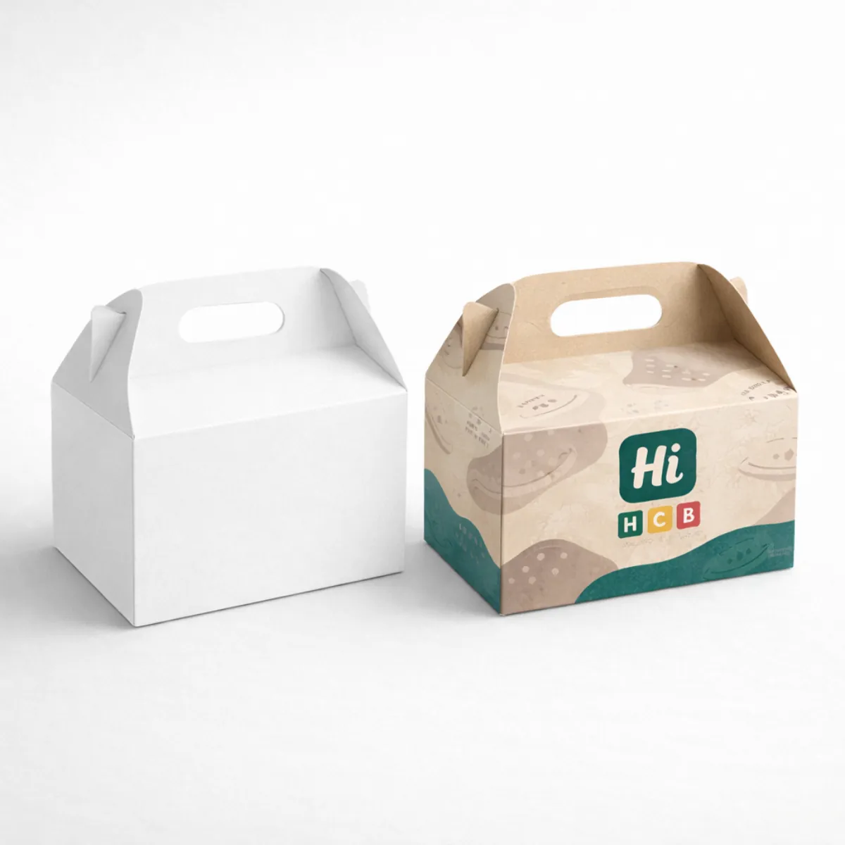 Two gable-style carrier boxes with handles- one plain white and one with a teal branded pattern- class=